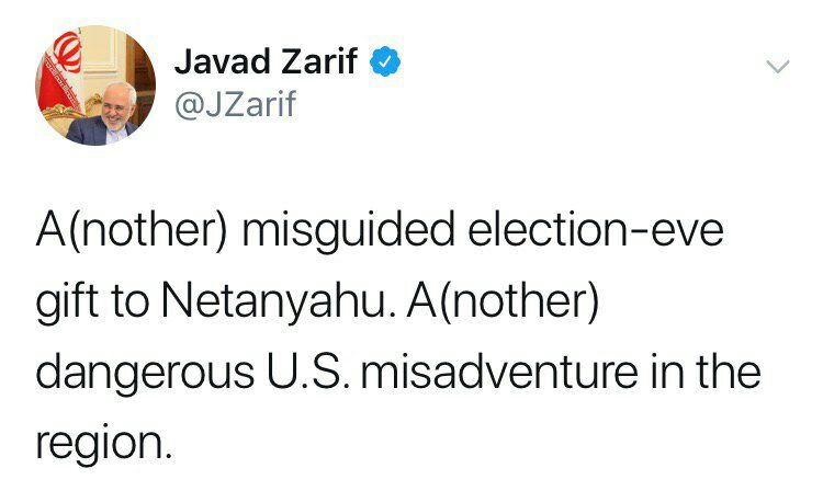 ♦️واکنش توییتری ظریف به اقدام آمریکا علیه سپاه پاسداران انقلاب اسلامی ایران: هدیه انتخاباتی به نتانیاهو و اشتباه خطرناک دیگر در منطقه