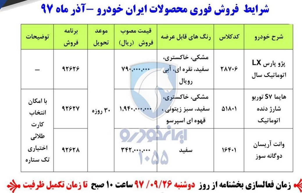 ♦️شرایط فروش فوری محصولات ایران خودرو—آذر97