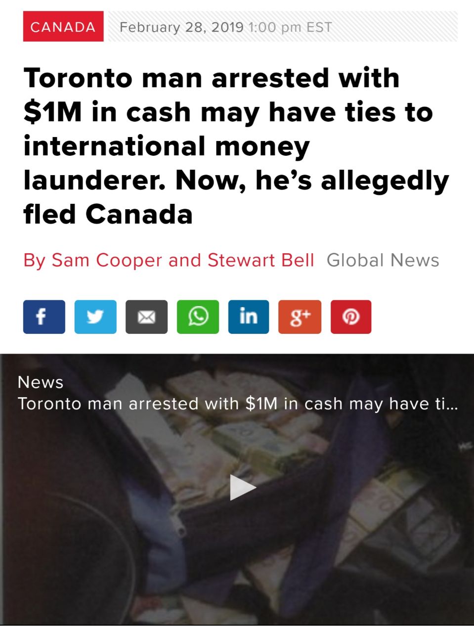 ♦️مهدیزاده صراف ایرانی مقیم تورنتو که حین حمل بیش از ۱‌میلیون دلار کانادا در مسیر مونترال به تورونتو بازداشت  و به قید وثیقه آزاد شده بود از کانادا فرار کرد.