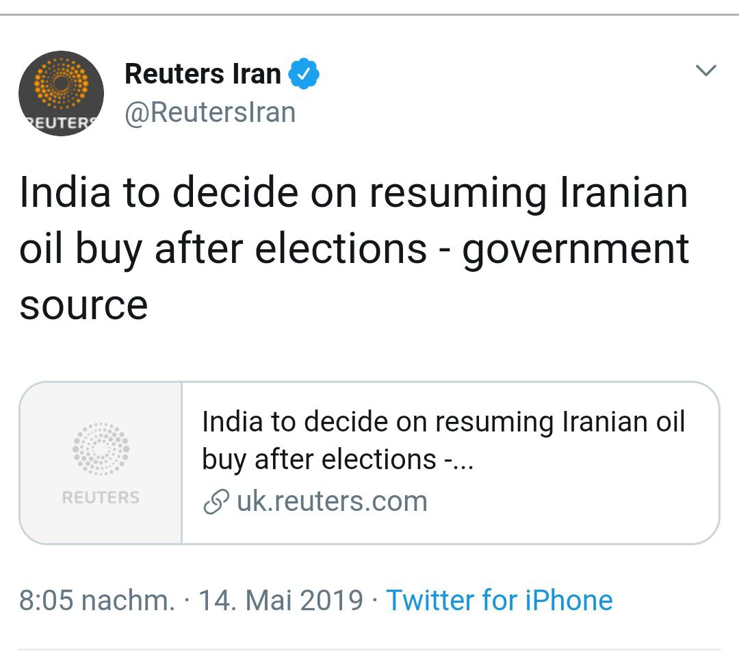 ♦️ هند بعد از انتخابات درباره نفت ایران تصمیم خواهد گرفت