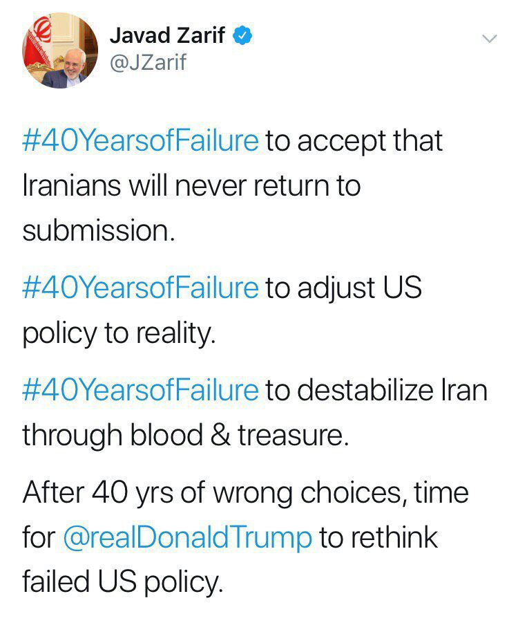 ♦️پاسخ ظریف به توییت اخیر ترامپ درباره ایران: پس از ۴٠ سال انتخاب‌های اشتباه، زمان این است که ترامپ در سیاست‌های شکست‌خورده بازنگری کند