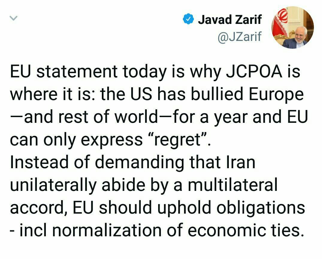 ‏♦️ پیام ظریف در واکنش به بیانیه اتحادیه اروپا: