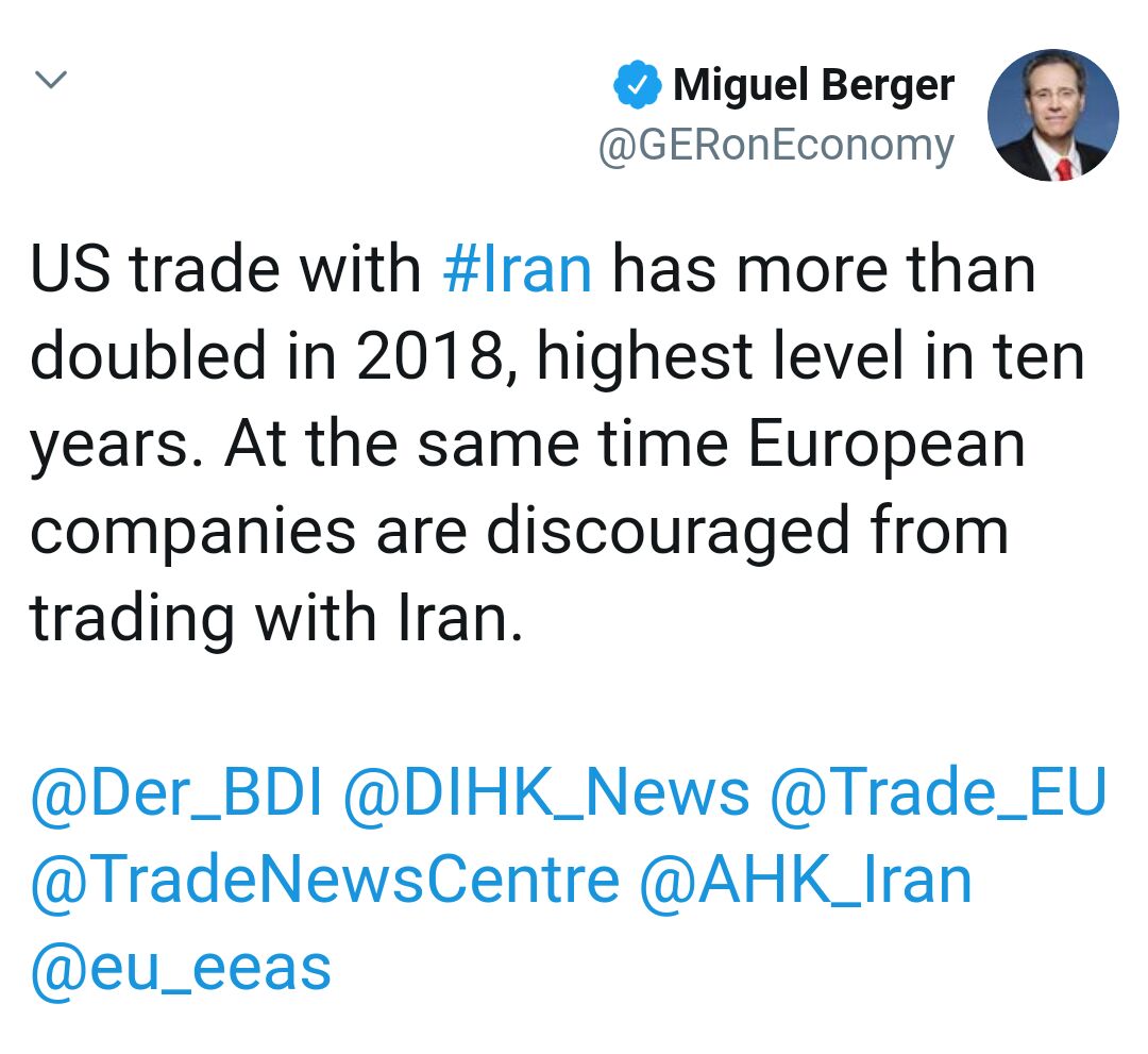 ♦️ میگوئل برگر، نماینده آلمان در «اینستکس» با انتشار جداول منتشره مرکز آمار آمریکا درباره حجم تجارت با ایران، در صفحه توئیترش نوشت: