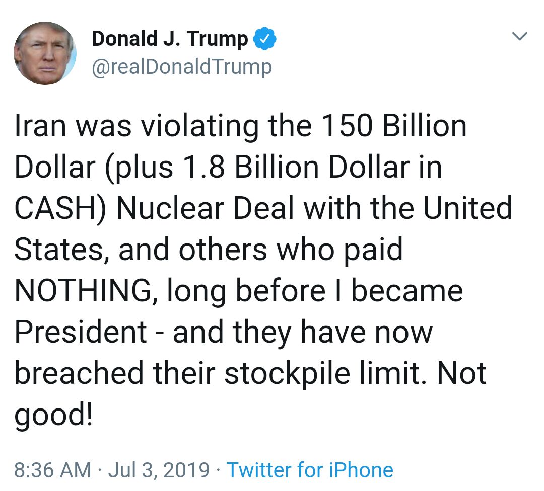 ️واکنش توییتری رئیس جمهور آمریکا به اقدام اخیر ایران در غنی سازی