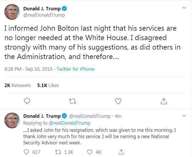 ترامپ در در توییتر نوشت: دیشب به جان بولتون اطلاع دادم که دیگر به حضور او در کاخ سفید نیازی نیست.