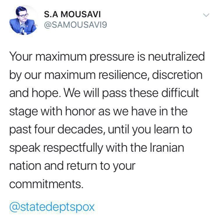 ️پاسخ توییتری سخنگوی وزارت خارجه ایران به سخنگوی وزارت خارجه آمریکا