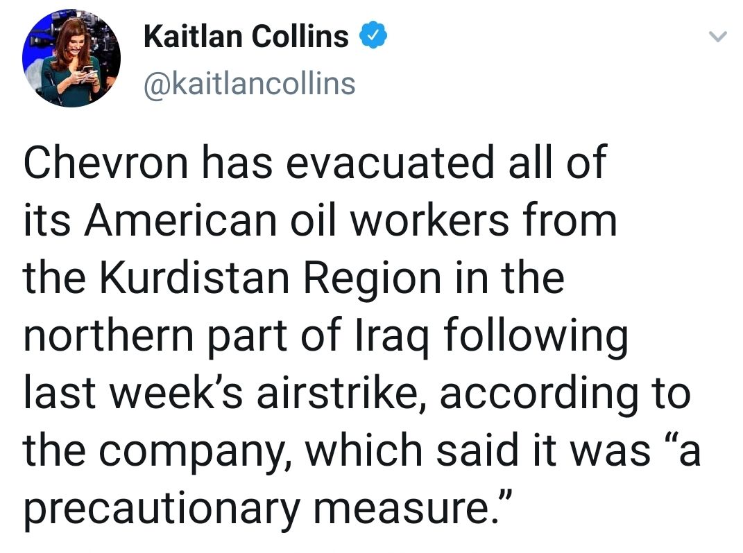 ️شرکت شورون (Shevron) کارمند های آمریکایی خودش را از کردستان عراق خارج کرد