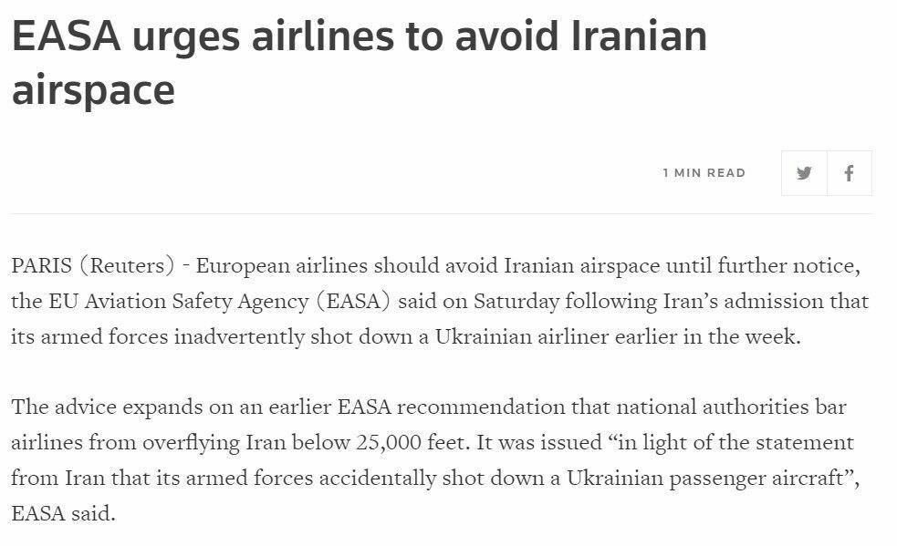 ️آژانس امنیت هوایی اتحادیه اروپا به خطوط هوایی اروپا توصیه کرده که تا اطلاع بعدی از حریم هوایی ایران دوری کنند. /رویترز
