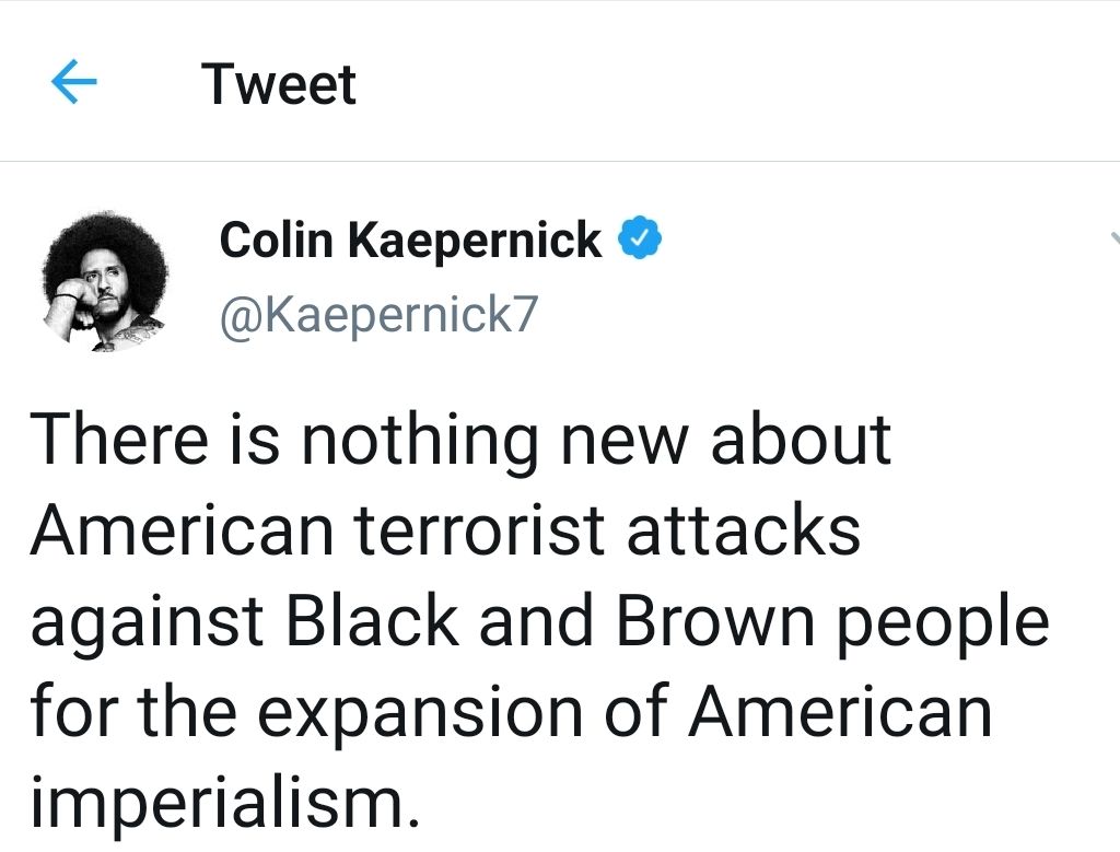 ️توییت کالین کوپرنیک (بازیکن سرشناس و جنجالی NFL) : چیز جدیدی در مورد حمله های تروریستی آمریکا علیه سیاه پوستان و رنگین پوست ها جهت بسط امپریالیسم آمریکا وجود ندارد.