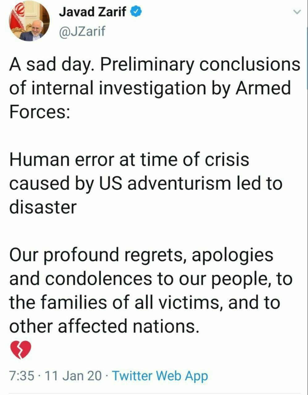 ️ وزیر امور خارجه در توییتى بخاطر خطاى انسانى ناشى از ماجراجویى هاى آمریکا به خانواده هاى قربانیان هواپیماى اوکراینى تسلیت گفت و عذرخواهى کرد.
