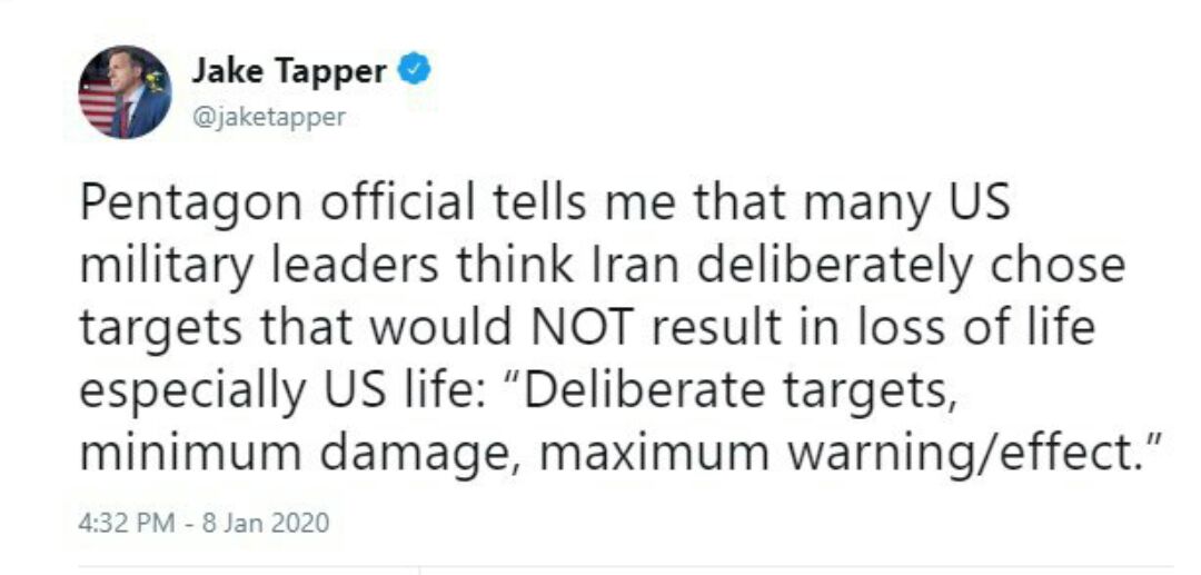 ️گوینده سی ان ان می گوید یک مقام وزارت دفاع آمریکا به او گفته ایران مخصوصا طوری موشک زده که تلفات نداشته باشه. هشدار حداکثری و تلفات حداقلی.