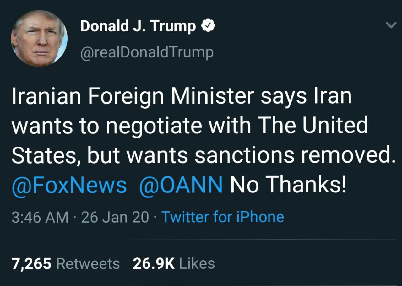 ️واکنش ترامپ به سخنان ظریف درباره مذاکره به شرط رفع تحریم ها؛ «نه؛ ممنون»