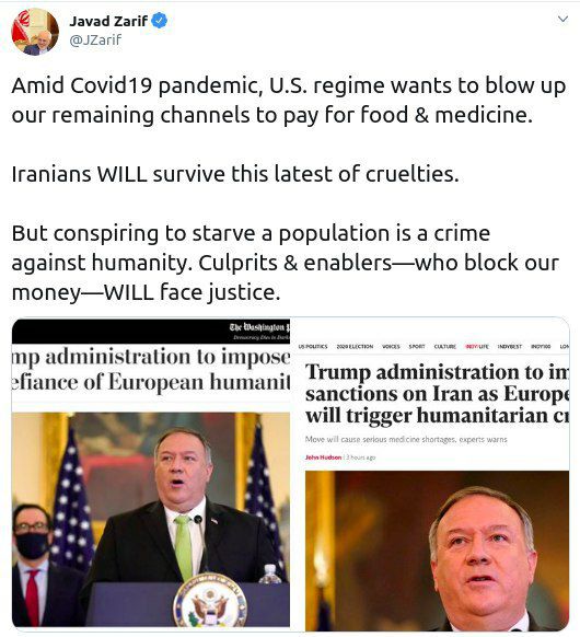 ️ توییت دکتر ظریف در خصوص تحریم‌های جدید ایالات متحده: آمران و مجریان که پول‌های ما را بلوکه کنند به دست عدالت سپرده خواهند شد
